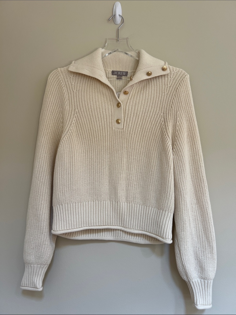 J. Crew Ribbed Cotton Button Collar Sweater in color Linen (Cream) S